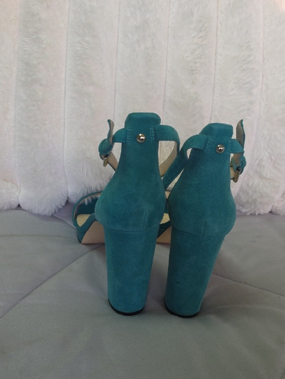Nine West Teal Open-Toe Ankle-Strap Block Heels - Picture 6 of 9